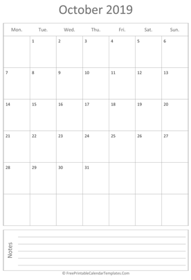 printable october calendar 2019 vertical layout