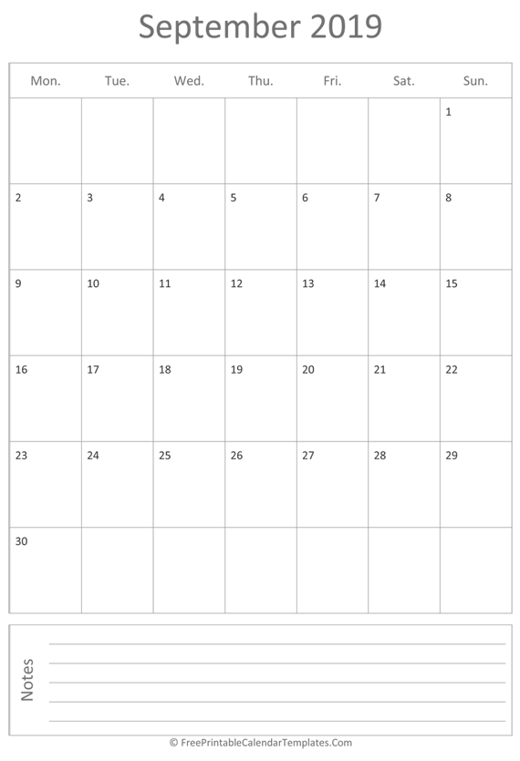 Printable September Calendar 2019 (vertical)
