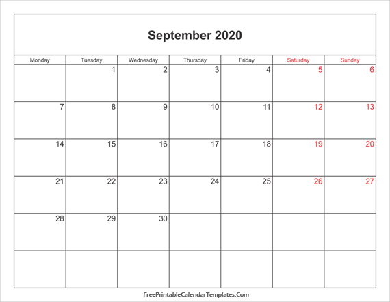 September 2020 UK Calendar landscape