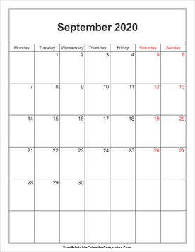 September 2020 UK Calendar portrait