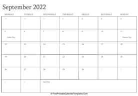 september 2022 editable calendar holidays notes