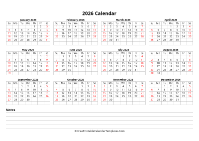 2026 yearly calendar with notes