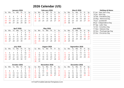 2026 one page calendar with usa holidays