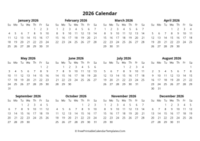 simple 2026 yearly calendar