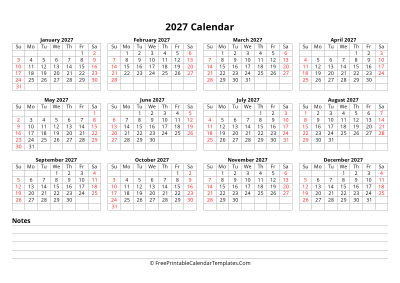 2027 yearly calendar with notes