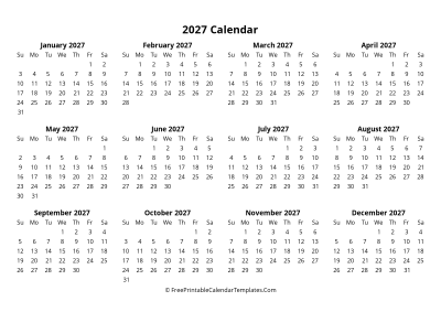 simple 2027 yearly calendar