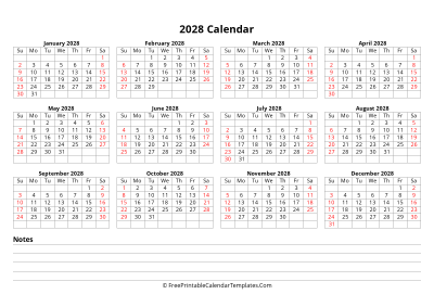 2028 yearly calendar with notes