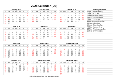 2028 one page calendar with usa holidays