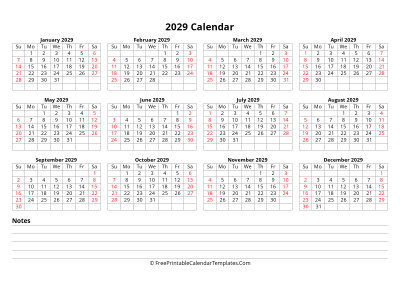 2029 yearly calendar with notes