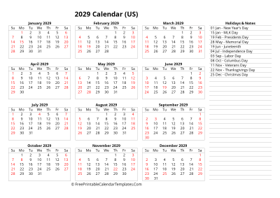 2029 one page calendar with usa holidays