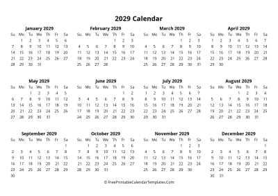 simple 2029 yearly calendar