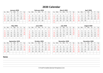 2030 yearly calendar with notes