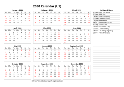 2030 one page calendar with usa holidays