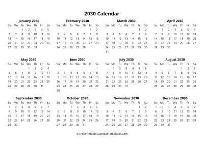 simple 2030 yearly calendar