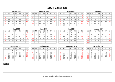 2031 yearly calendar with notes