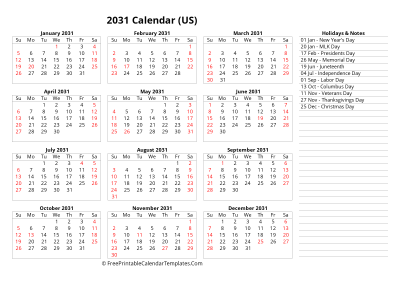 2031 one page calendar with usa holidays