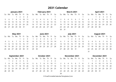 simple 2031 yearly calendar