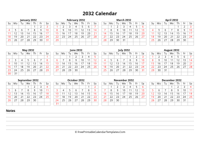 2032 yearly calendar with notes