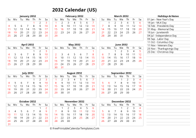 2032 one page calendar with usa holidays