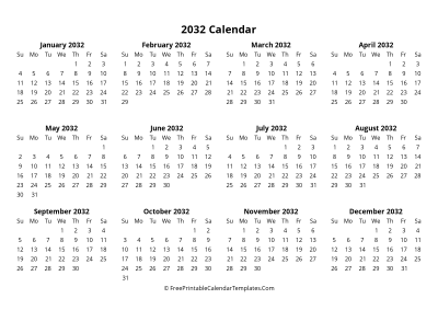 simple 2032 yearly calendar