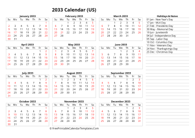 2033 one page calendar with usa holidays