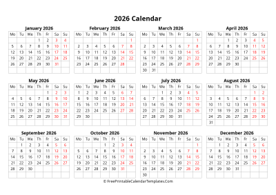 2026 calendar monday start
