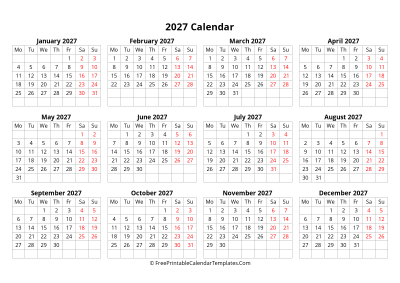 2027 calendar monday start