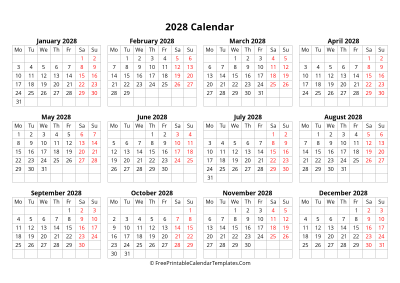 2028 calendar monday start
