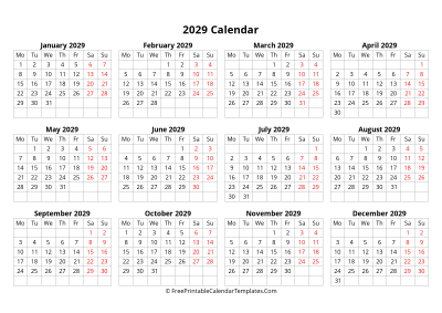 2029 calendar monday start