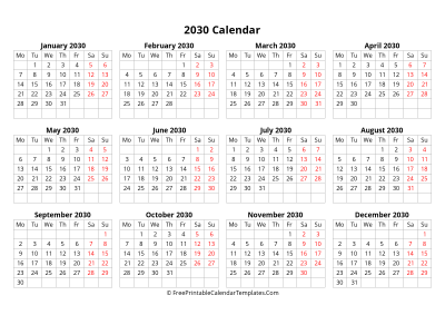 2030 calendar monday start