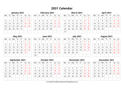 2031 calendar monday start