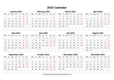 2032 calendar monday start