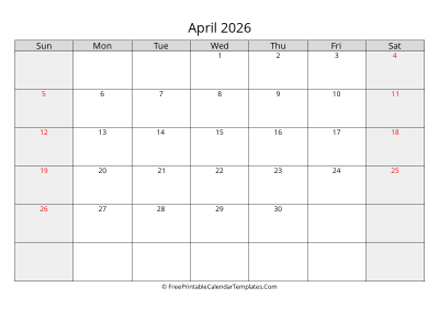free printable monthly calendar april 2026