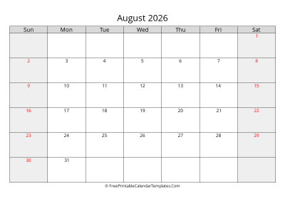 free printable monthly calendar august 2026
