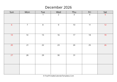 free printable monthly calendar december 2026