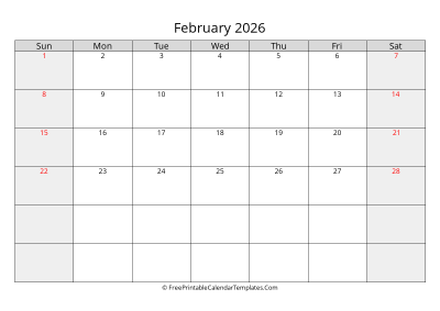 free printable monthly calendar february 2026