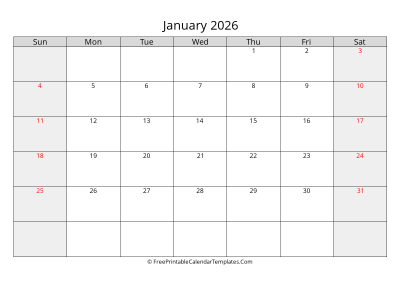 free printable monthly calendar january 2026