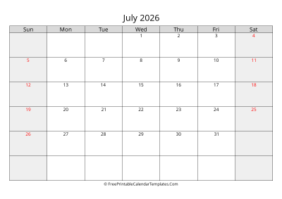 free printable monthly calendar july 2026