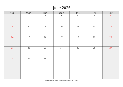 free printable monthly calendar june 2026