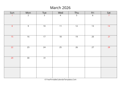 free printable monthly calendar march 2026