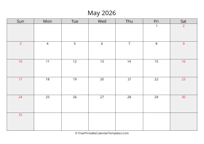 free printable monthly calendar may 2026