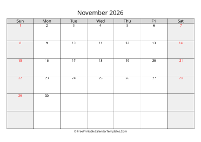 free printable monthly calendar november 2026