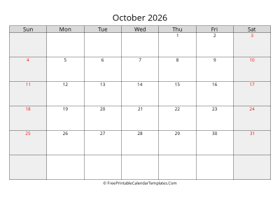 free printable monthly calendar october 2026