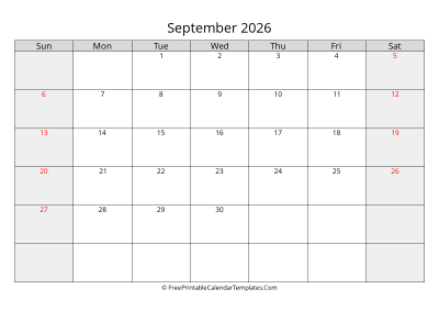free printable monthly calendar september 2026
