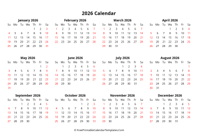 yearly calendar 2026