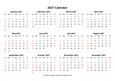 yearly calendar 2027