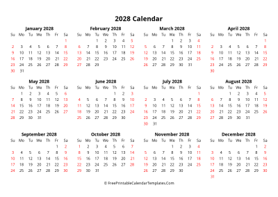 free printable yearly calendar 2028