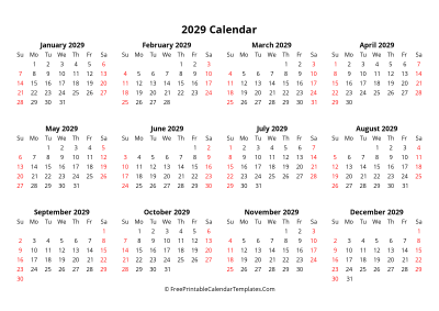 free printable yearly calendar 2029