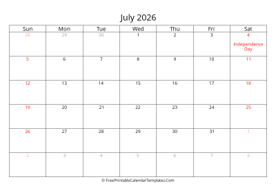 july 2026 calendar with holidays