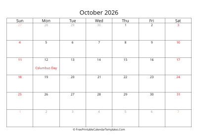 october 2026 calendar with holidays